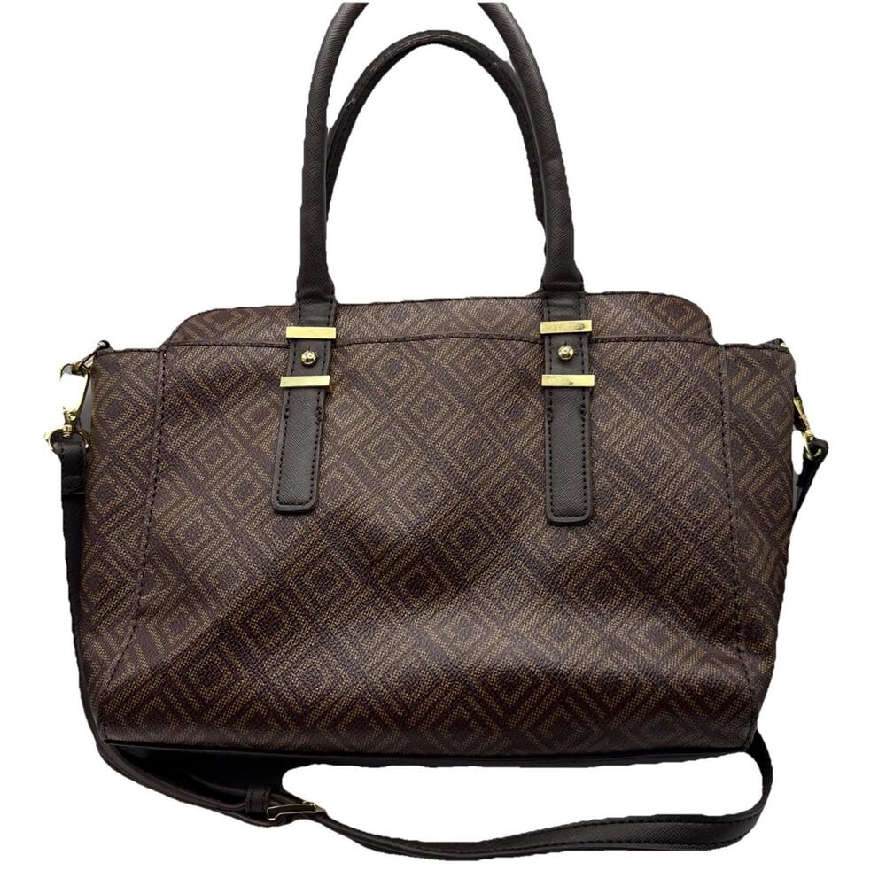 Vintage Liz‎ Claiborne Brown Geometric Detachable Shoulder Strap Multi Zip Bag